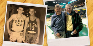 Two polaroid pictures (the left one taken in 1959, the right one taken in 2022) of brothers David Lillevand '59, JD '63 and Peter Lillevand.