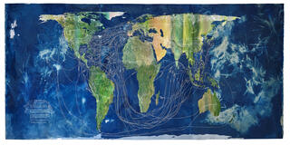 Connie Zheng, Routes/Roots, 2021, mixed media on silkscreen and cyanotype print