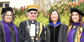 Dean Susan Freiwald, University President Fr. Paul Fitzgerald, The Hon. Lucy Koh, and Brea Aguas '23