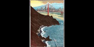 Illustrated view of the Golden Gate Bridge with rugged coastline and waves in the foreground.