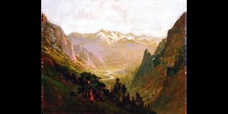 Romantic-style landscape painting of a sunlit mountain valley, with snow-capped peaks in the background and dense forested slopes in the foreground.