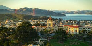 View of Lone Mountain with the Bay in the background