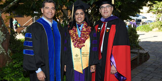 Attorney General for the State of California Xavier Becerra, Shelly Kaur Saini ’17, and Dean John Trasviña