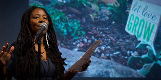 Mi'Jan Celie Tho-Biaz Ma '03, EdD '13 on stage