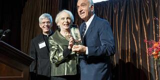 Art Agnos (right) received the inaugural USF Leo T. McCarthy Center Award, presented to him by Jacqueline McCarthy and Stephen A. Privett, S.J., USF president emeritus