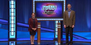 JP Allen with Mayim Bialik on the Jeopardy set