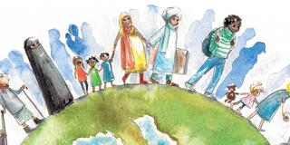 Watercolor illustration of diverse people holding hands on planet Earth