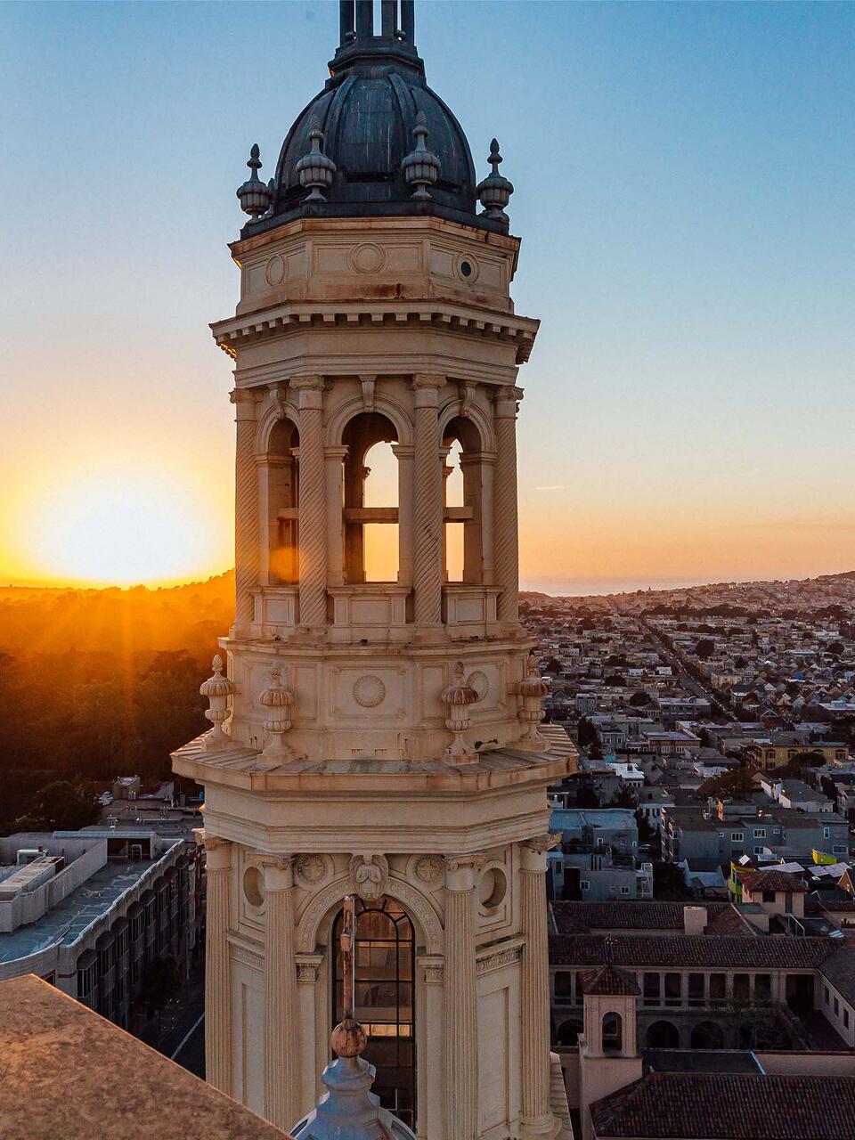 Bell tower at St Ignatius Church at sundown