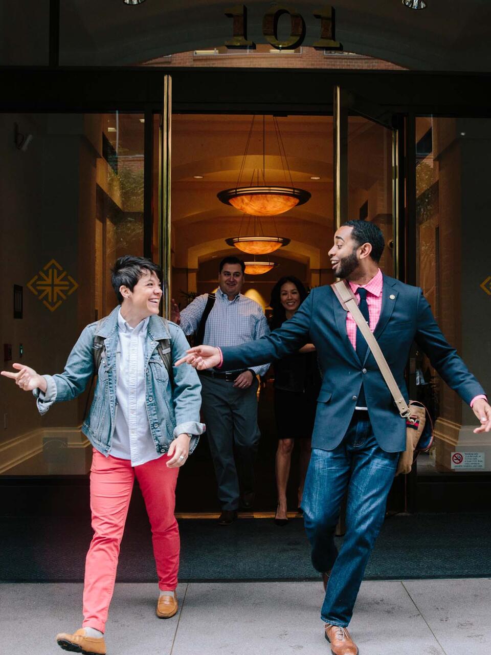 Students leaving the Downtown campus building