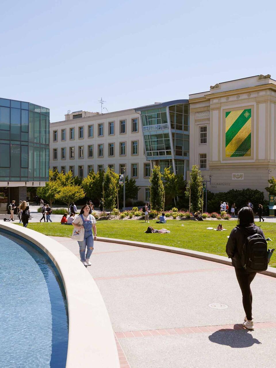 Main campus with students walking around