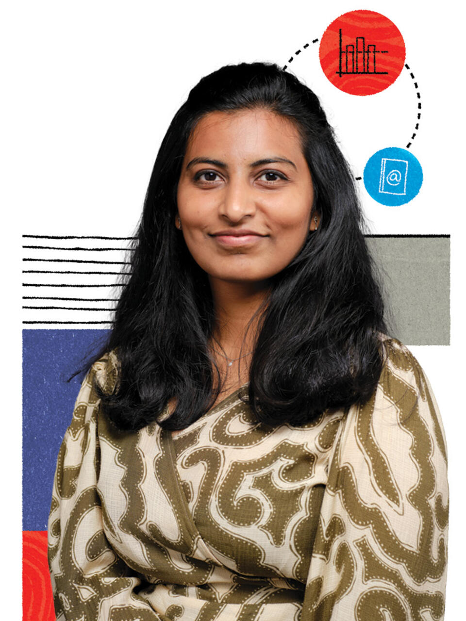 Vibha Bangalore Venkataramu headshot with design in the background